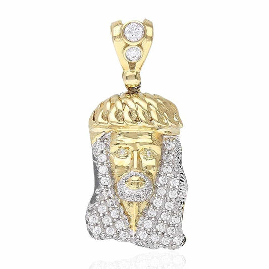10k Solid Two-Tone Gold CZ Jesus Head Pendant 1.5"