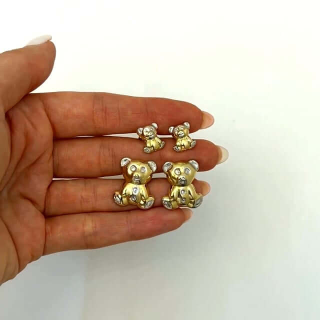 14K Yellow Gold Puffed Teddy Bear Stud Earrings 11mm-20mm