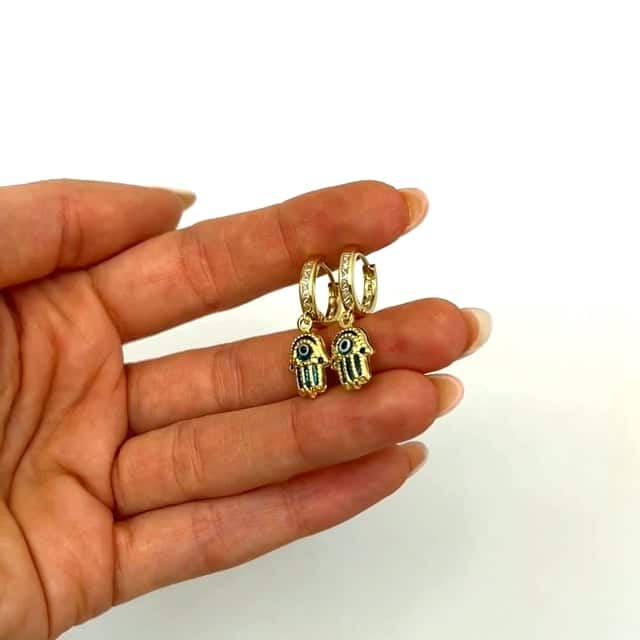 14K Gold Evil Eye Hamsa CZ Huggie Hoop Earrings 27mm