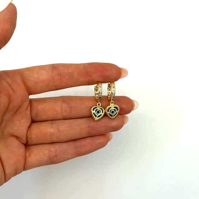 14K Gold Evil Eye Heart CZ Huggie Hoops Earrings 25mm