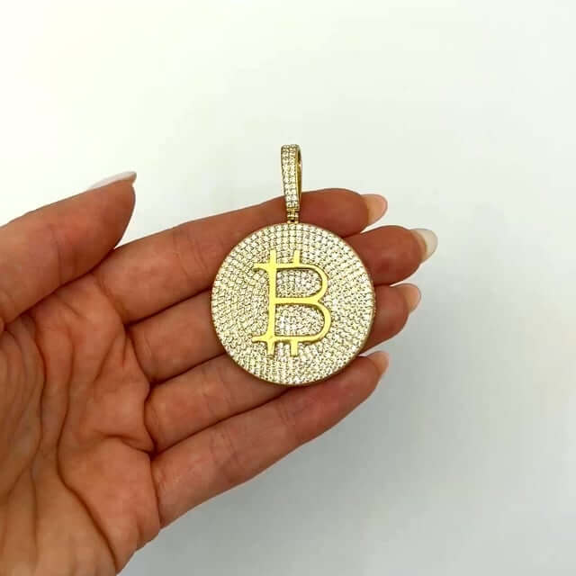 14K Yellow Gold CZ Pave Iced Bitcoin Pendant 2.2"