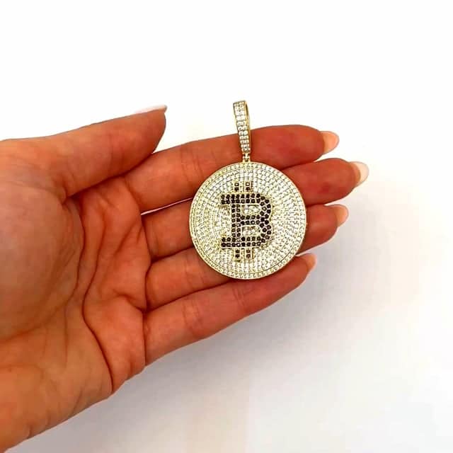 14K Yellow Gold CZ Black Pave Iced Bitcoin Pendant 2.1"