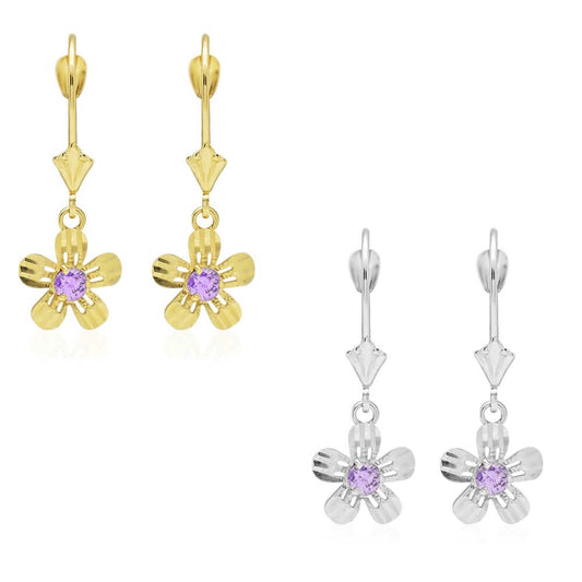 14k Yellow White Gold Birthstone Diamond-Cut Flower Leverback Earrings