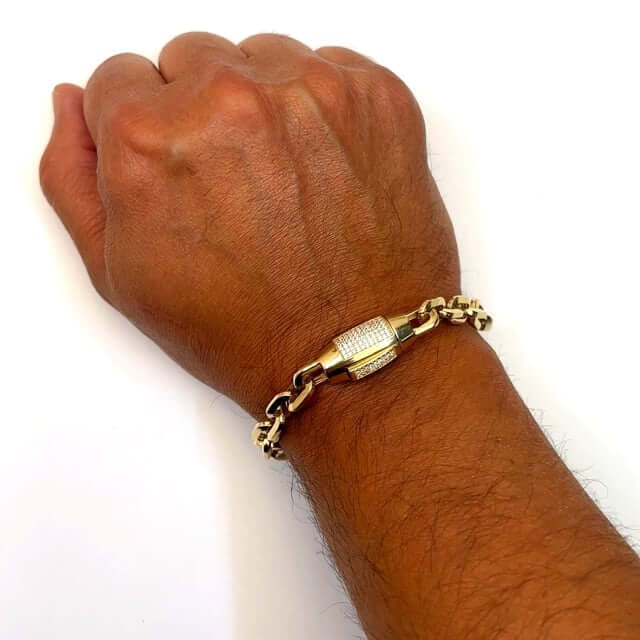 14K Gold CZ 8mm Barrel Clasp Parallel Oval Cable Bracelet 8"