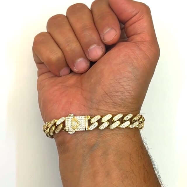 14K Gold Yellow CZ Pave 11mm Miami ID Bar Bracelet 8"