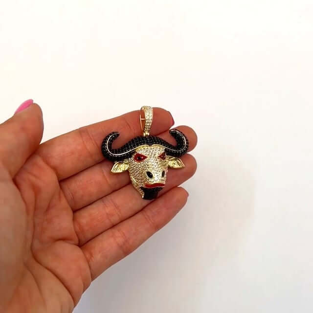 14K Yellow Gold CZ Red Eyes Bull Buffalo Pendant 1.6"