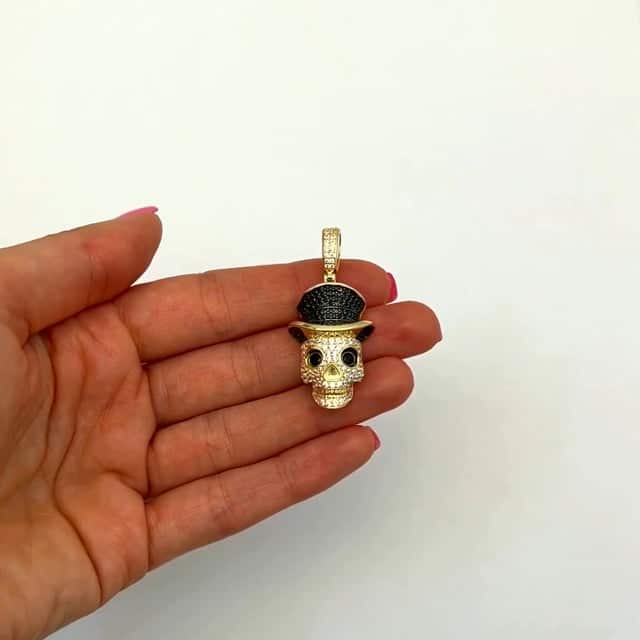 14K Yellow Gold CZ Pave Skull Irish Magician Hat Pendant 1.7"