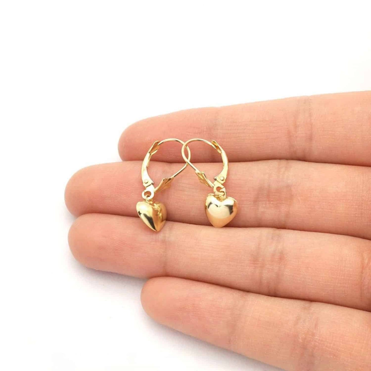 14K Real Gold Yellow, White Dangle Drop Heart Leverback Earrings 24mm