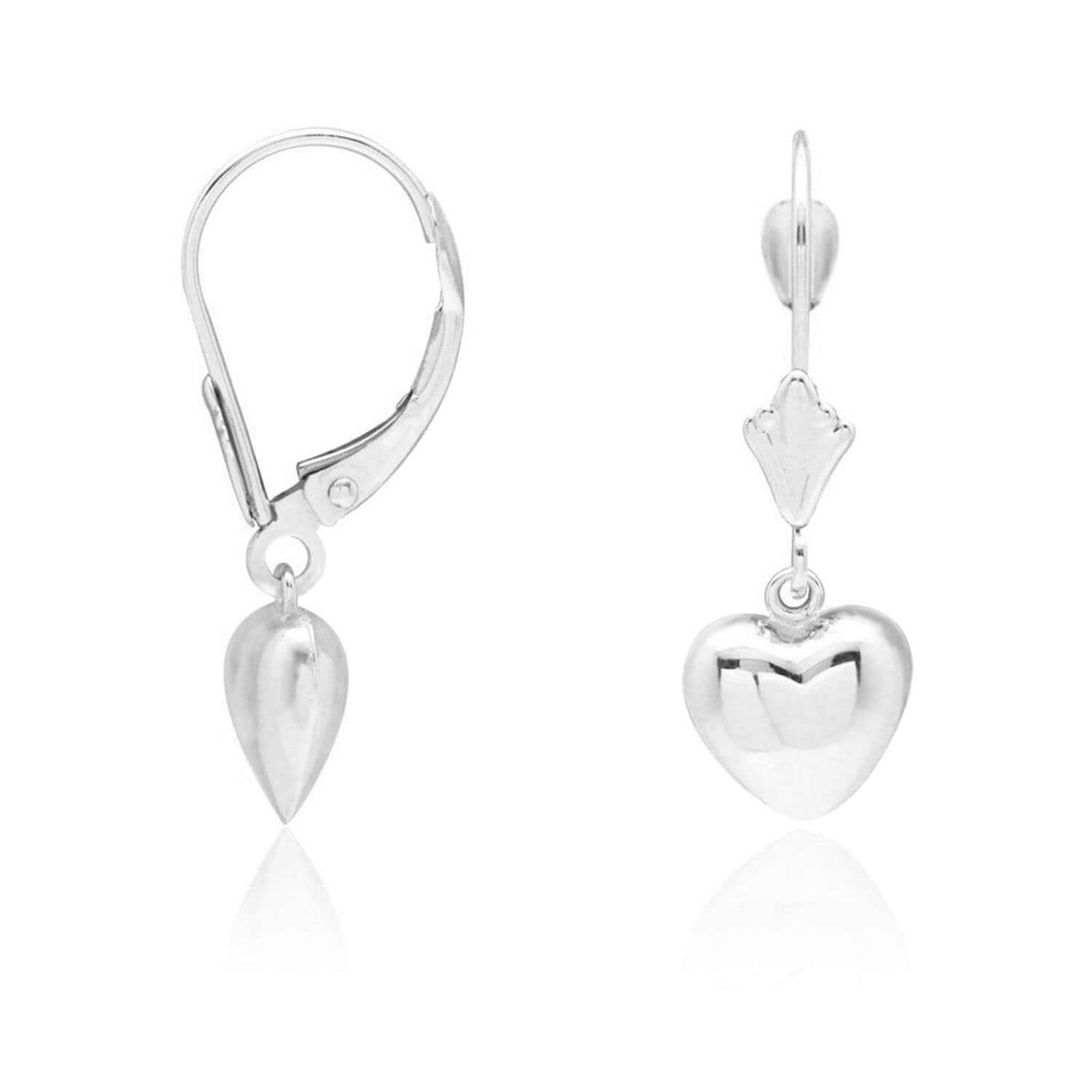14K Gold Yellow, White Dangle Drop Heart Leverback Earrings 24mm
