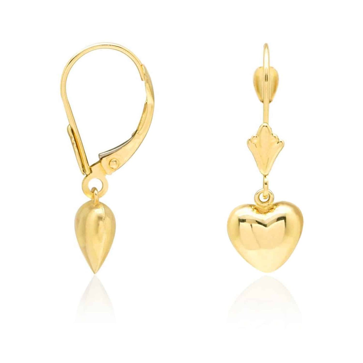 14K Real Gold Yellow, White Dangle Drop Heart Leverback Earrings 24mm
