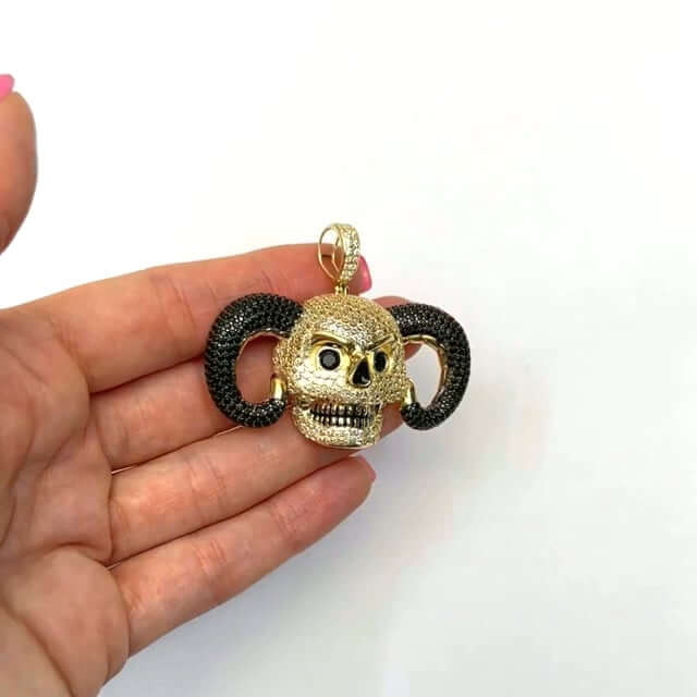 14K Yellow Gold CZ Pave Horned Ram Skull Charm Pendant 1.7"