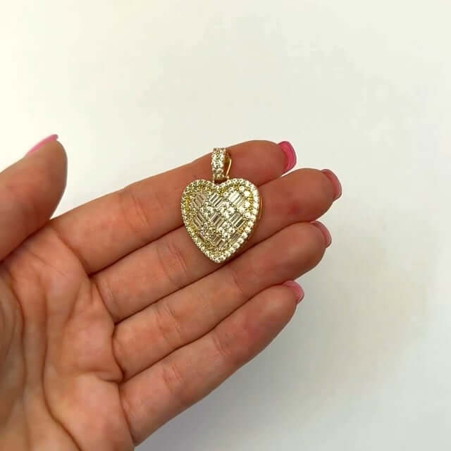 14K Yellow Gold CZ Round Baguette Pave Heart Pendant 1.1"