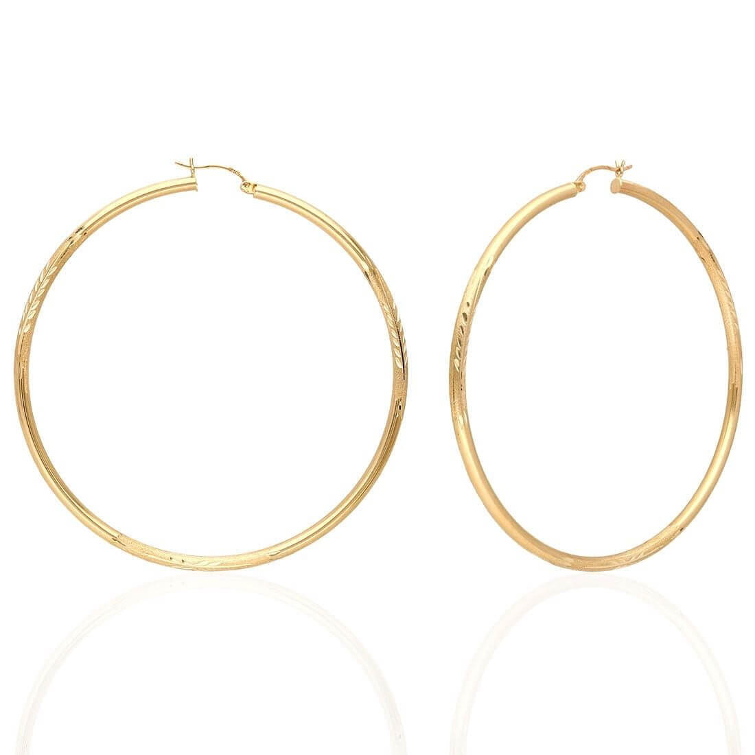 14K Solid Yellow & White Gold 3mm Diamond-Cut Finish Hoop Earrings 19-75mm