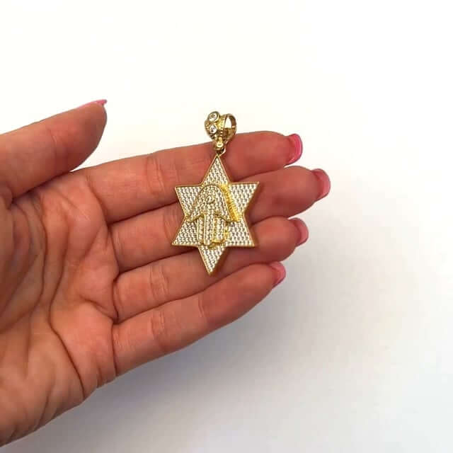 14K Yellow Gold CZ Pave Star David Hamsa Hand Pendant 1.8"