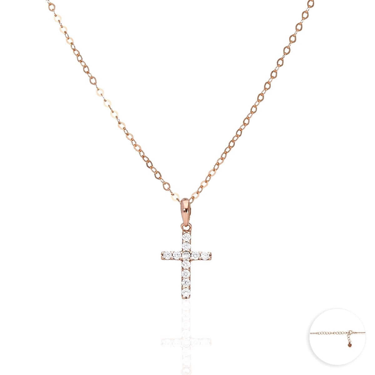 Rose Gold Over Sterling Silver CZ Cross Pendant with 18" Cable Chain