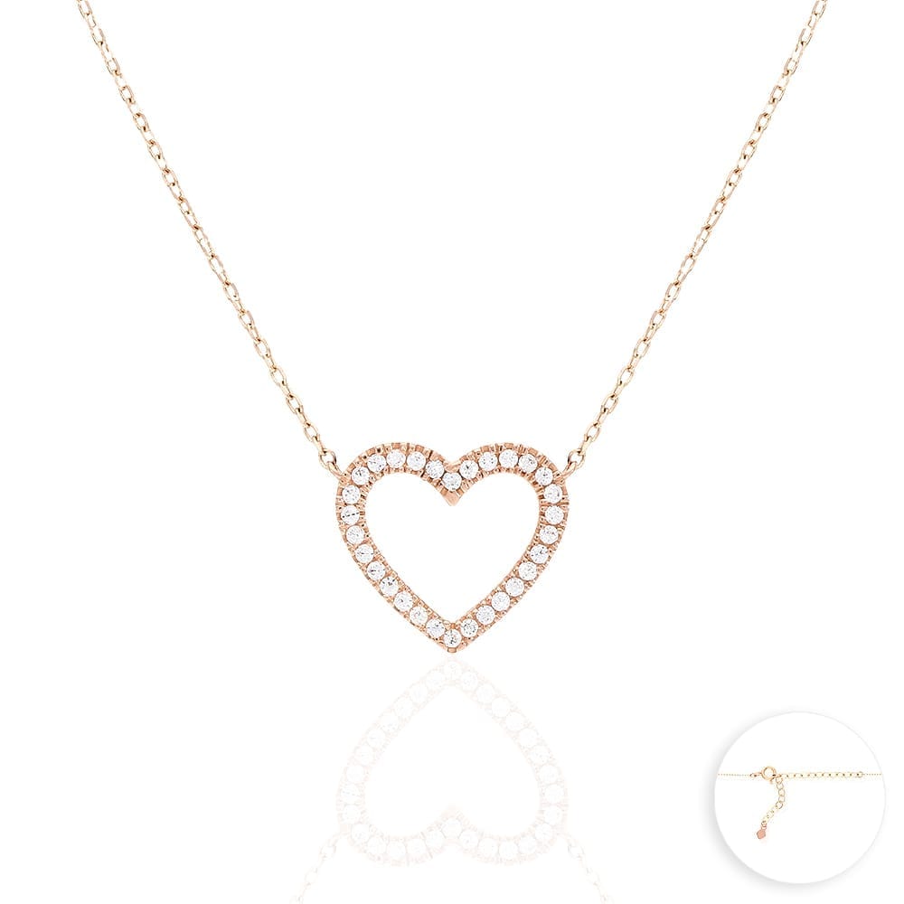 14k Rose Gold 1.30Ct Open Heart CZ Pendant 16-18" Adjustable