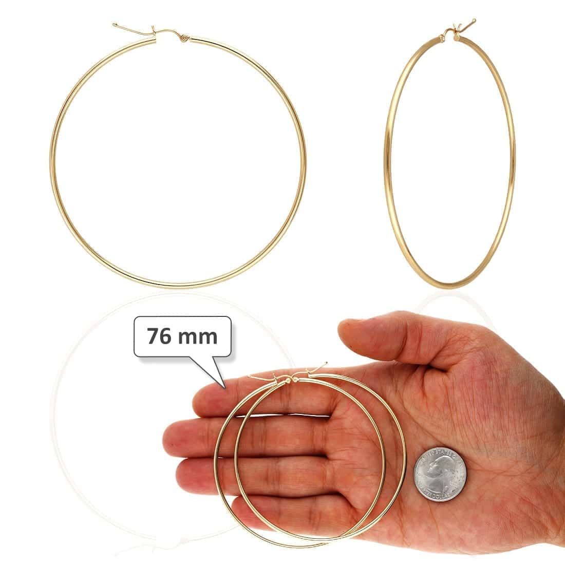 14K Yellow White Gold 2mm Round Hoop Earrings 22mm-76mm