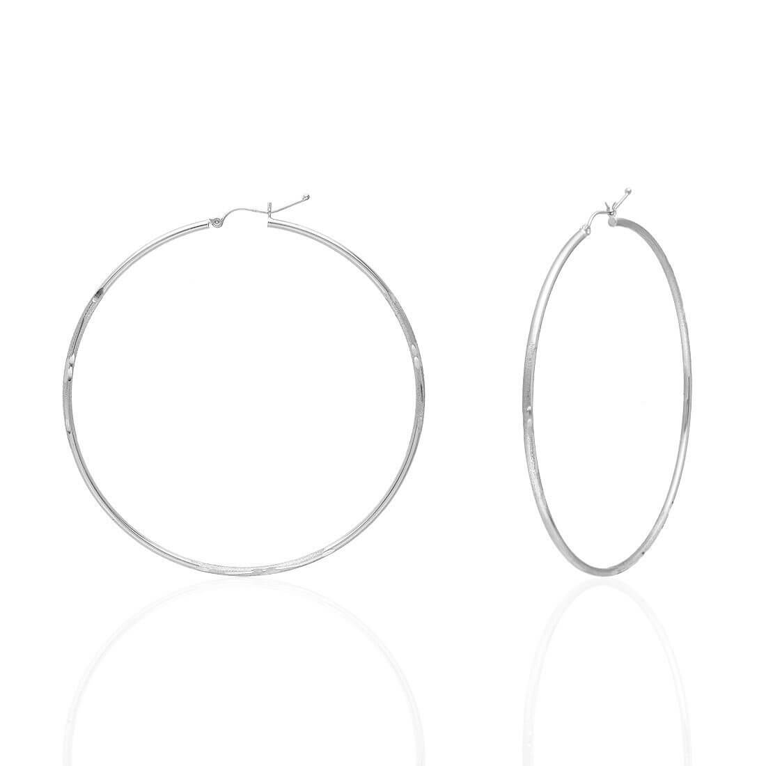 14K White Gold 2mm Diamond-Cut Round Hoop Earrings 22-76mm