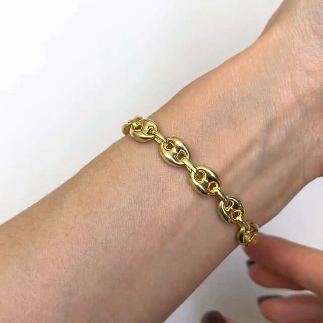 18K Yellow Gold Over Silver 8mm Puffed Anchor Mariner Bracelet (Solid Links) 7.5"-9.5"