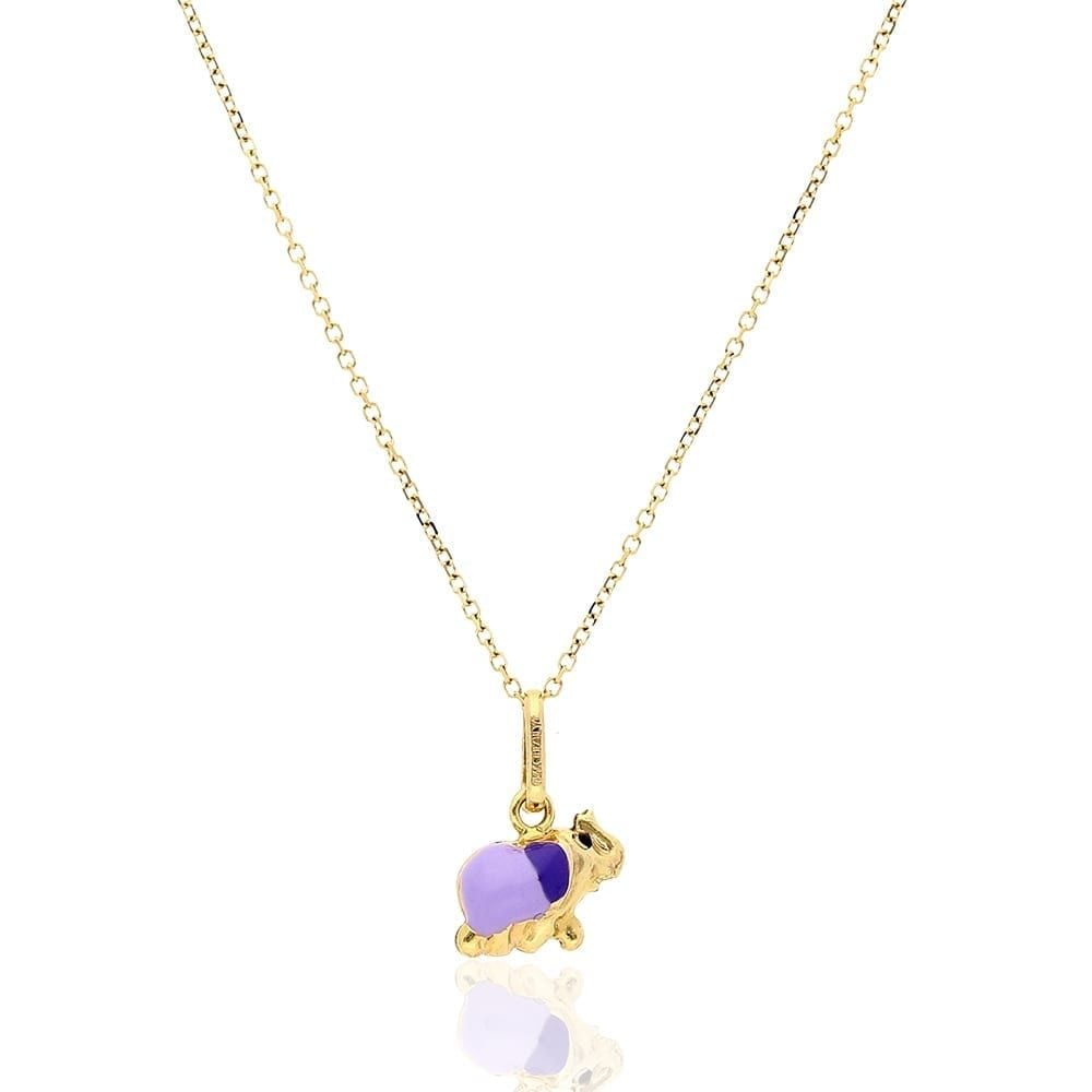 14k Yellow Gold Purple Enamel Elephant Pendant 1mm Cable Chain Necklace 16" 18"