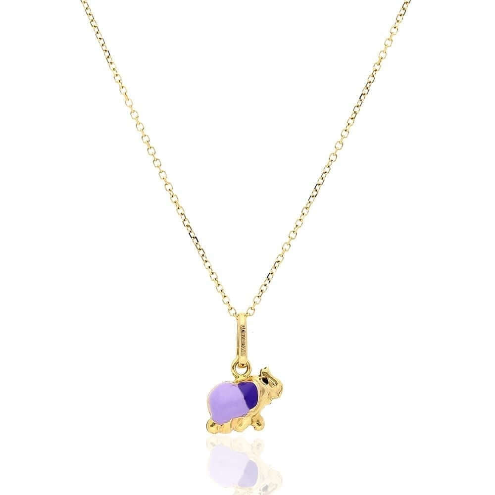 14k Yellow Gold Purple Enamel Elephant Pendant 1mm Cable Chain 16" 18"