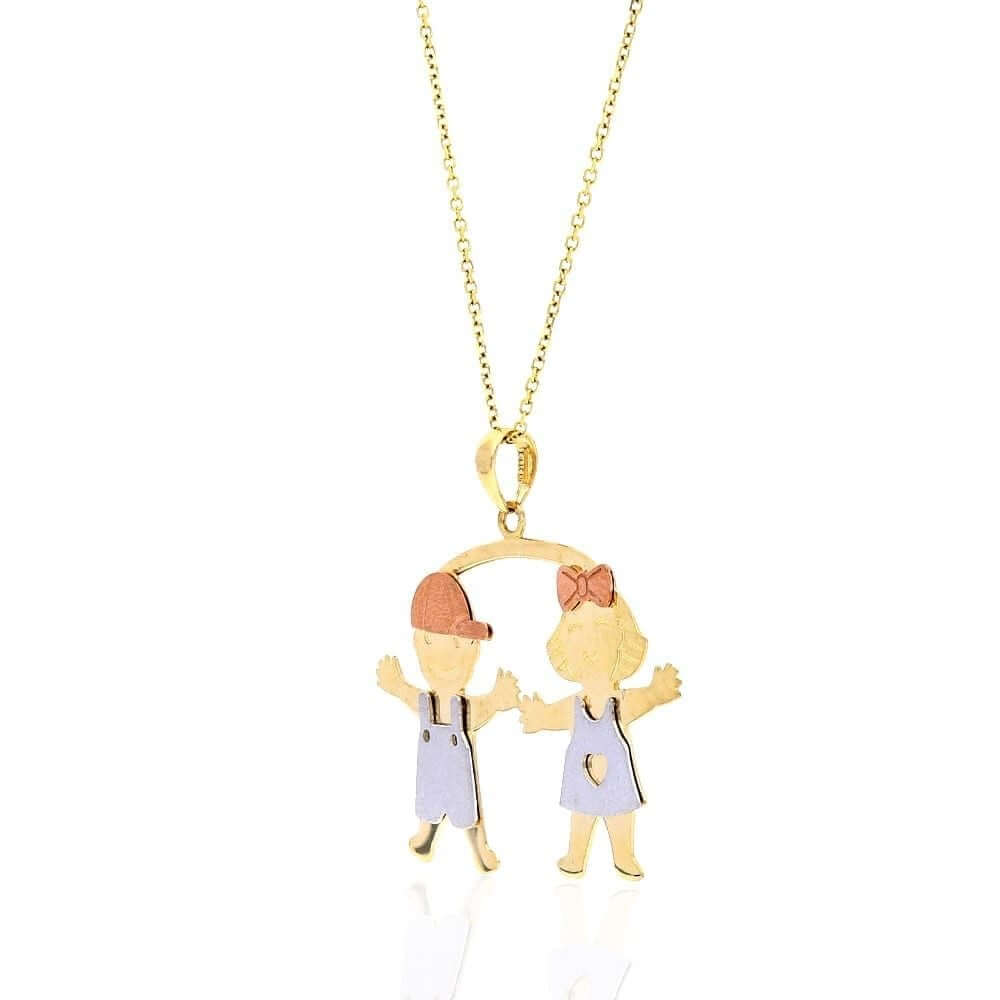 14k Tri-Color Gold Boy Girl Twins Textured Pendant Cable Chain 16-18"