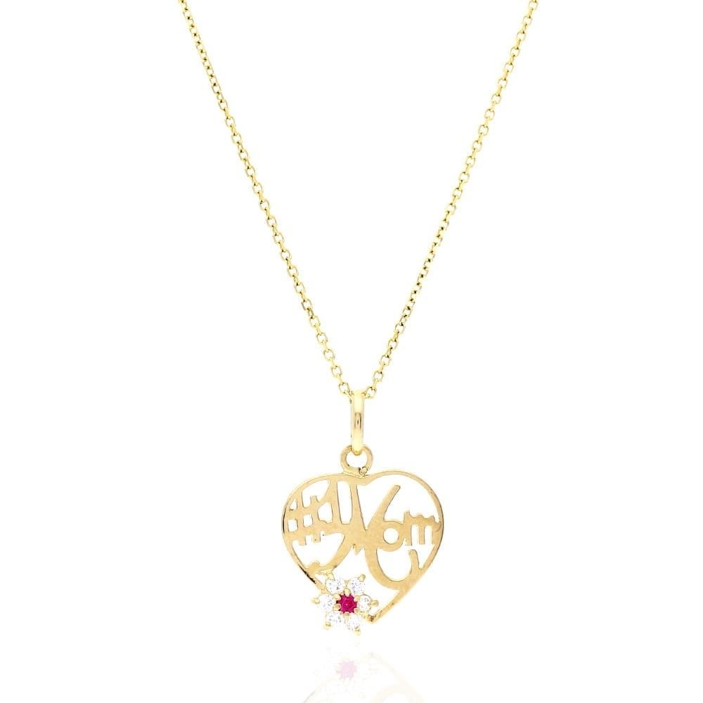 14k Yellow Gold Zircon & Ruby #1 Mom Heart Pendant Cable Chain Necklace 16-18"