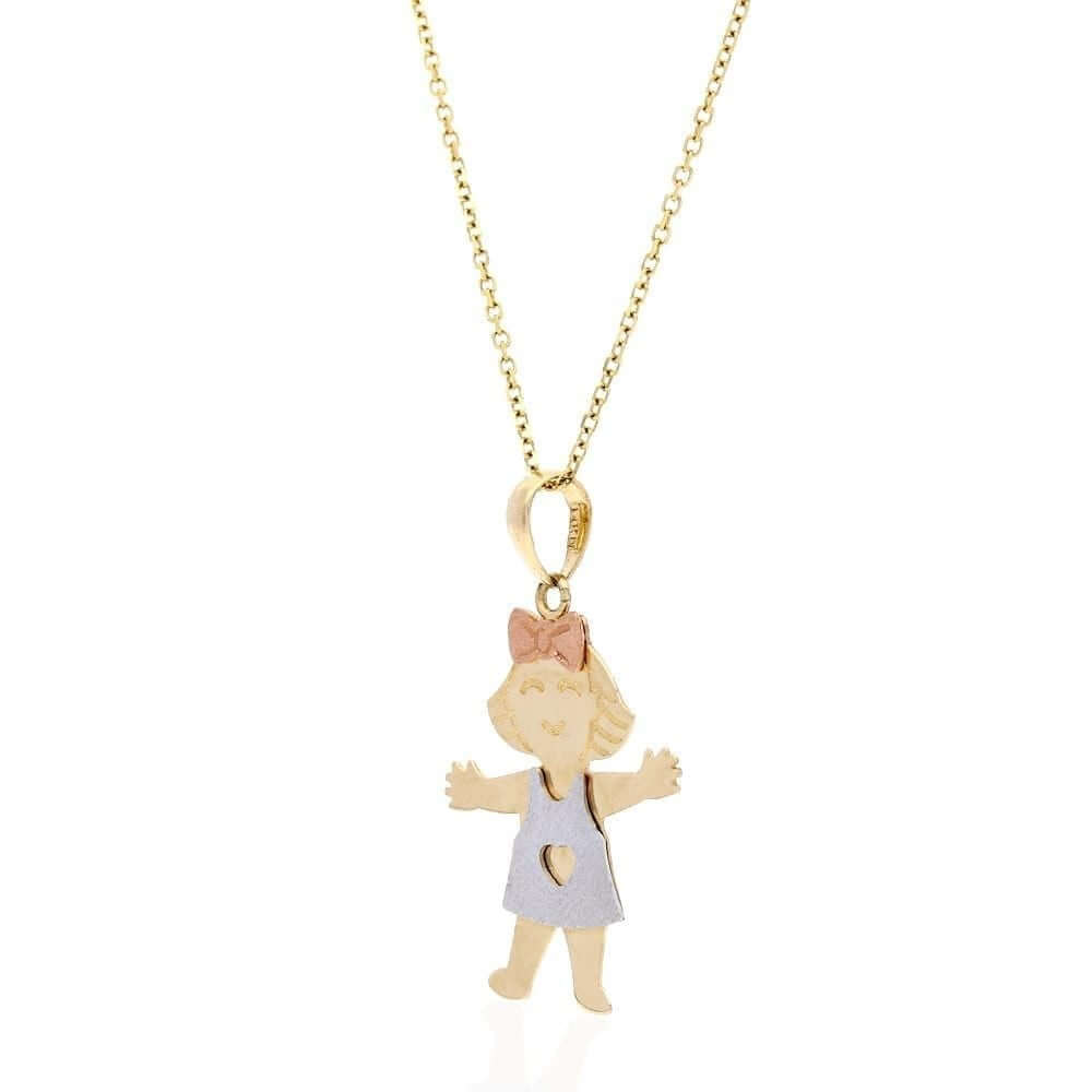 14k Tri-Color Gold Textured Girl KidsPendant Cable Chain 16-18"