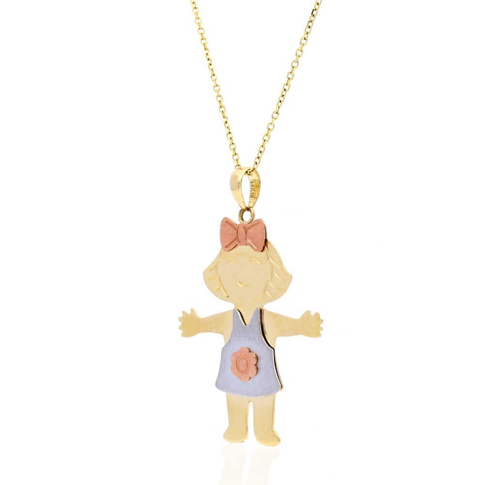 14k Tri-Color Gold Textured Girl KidsPendant Cable Chain Necklace 16"-18"