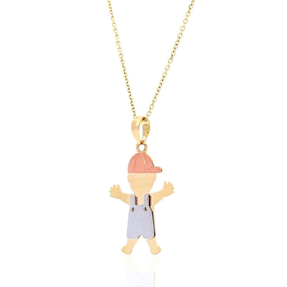 14k Tri-Color Gold Textured Boy KidsPendant Cable Chain 16"-18"