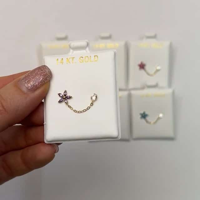 14K Real Gold CZ Flower Stud Double Pierced Earrings