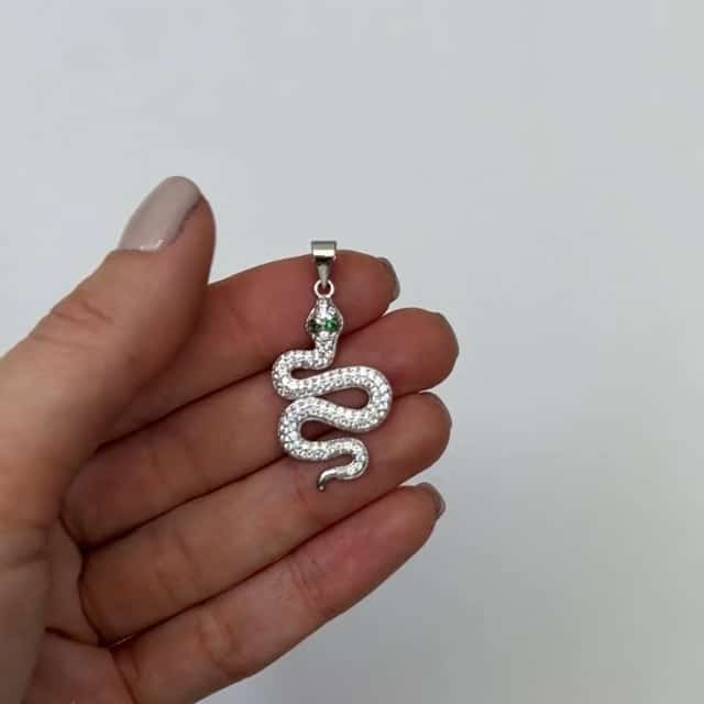 18K White Gold Over Silver CZ Emerald Snake Charm Pendant 1.4"