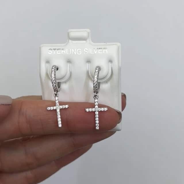 Sterling Silver CZ Cross Huggie Hoop Earrings