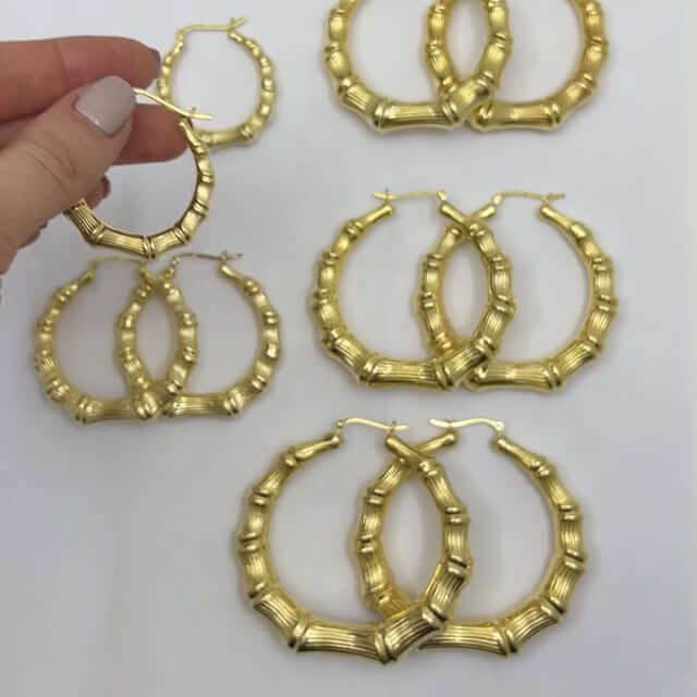 18K Yellow Gold Over Sterling Silver Hoop Bamboo Earrings 35mm-70mm