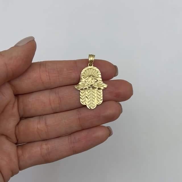 10K Yellow Gold Diamond-Cut Hamsa Hand Pendant 1.3"