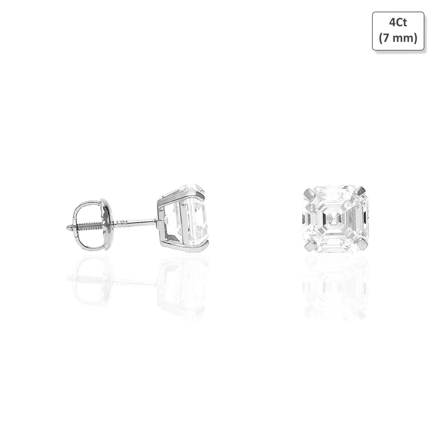 14K White Gold Asscher-Cut CZ Screw Back Stud Earrings 1.5Ct-6Ct