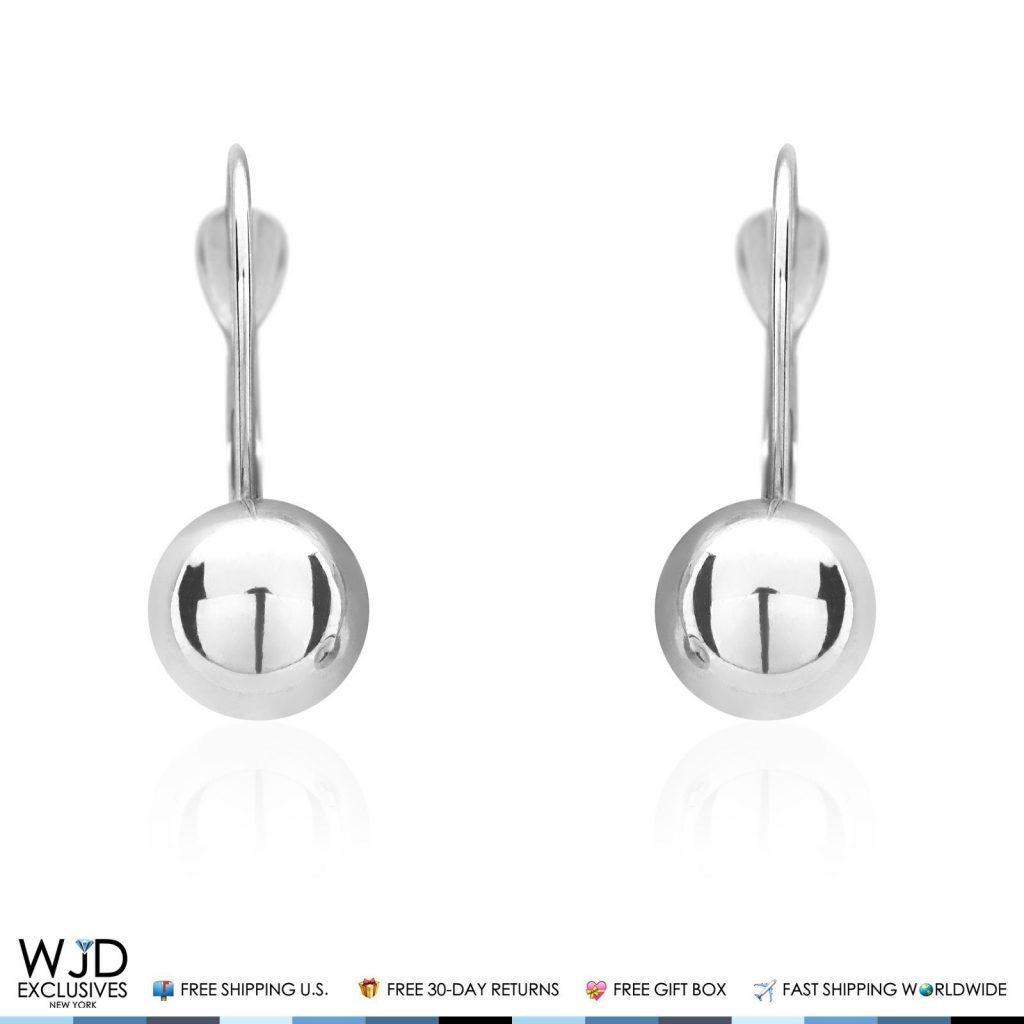 14K White Gold 7mm Ball Lever Back Earrings 19 mm