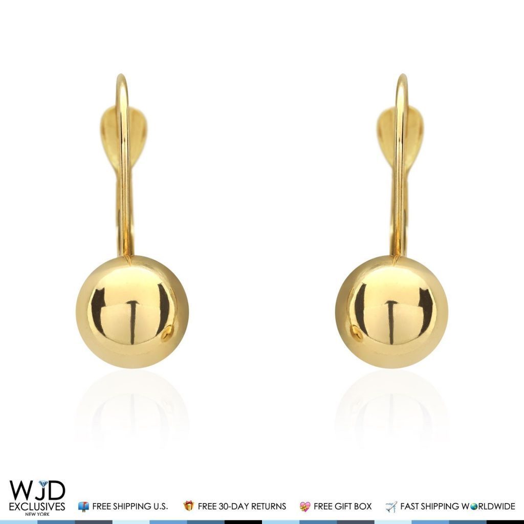14K Yellow Gold 7mm Ball Lever Back Earrings 19mm