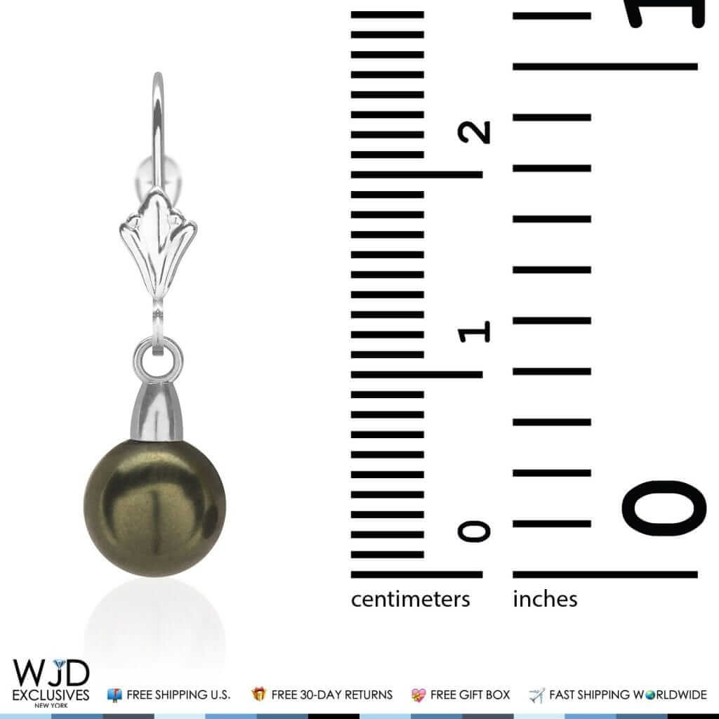 7mm Black Pearl Dangle Drop Leverback Earrings 14K White Gold