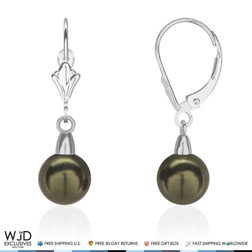 7mm Black Pearl Dangle Drop Leverback Earrings 14K White Gold