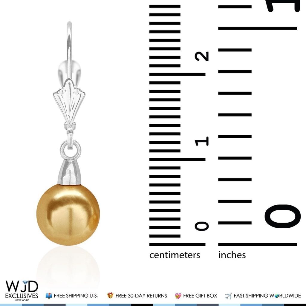 7mm Yellow Pearl Dangle Drop Leverback Earrings 14K White Gold