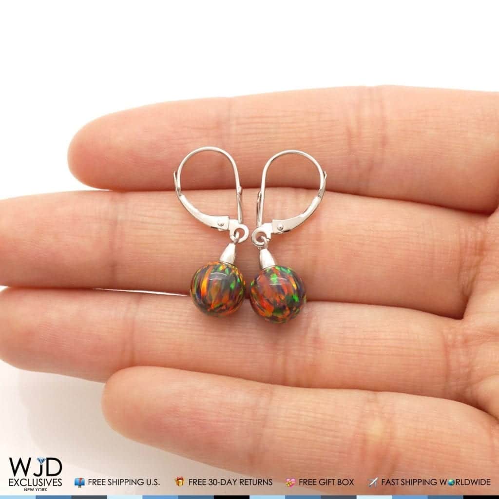 8 mm Ball Shaped Black Fire Opal Dangle Leverback Earrings 14K Solid White Gold