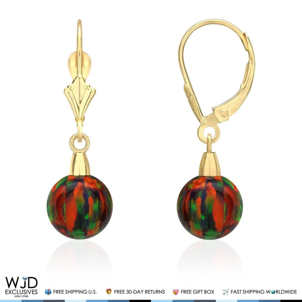 6mm-10mm Ball Shaped Black Fire Opal Dangle Leverback Earrings 14K Yellow Gold