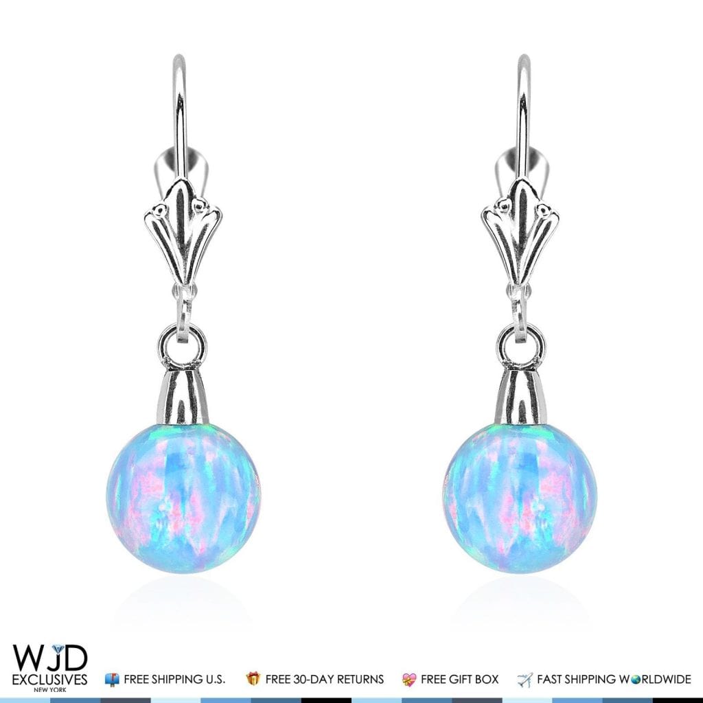 8 mm Ball Shaped Blue Fire Opal Leverback Dangle Earrings 14K Solid White Gold