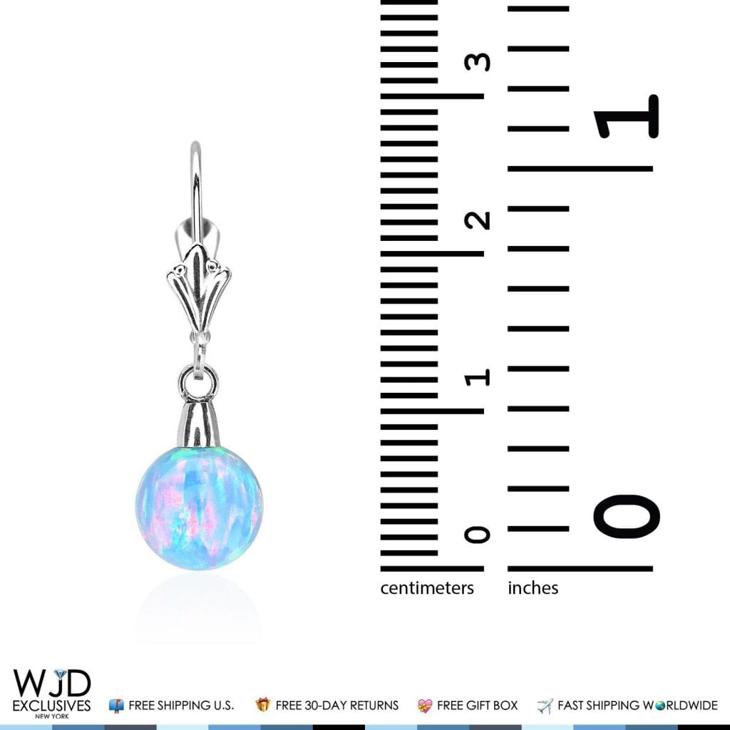 8 mm Ball Shaped Blue Fire Opal Leverback Dangle Earrings 14K Solid White Gold