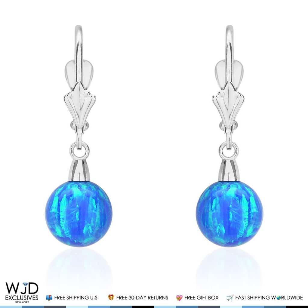 8 mm Ball Shaped Blue Fire Opal Leverback Dangle Earrings 14K Solid White Gold