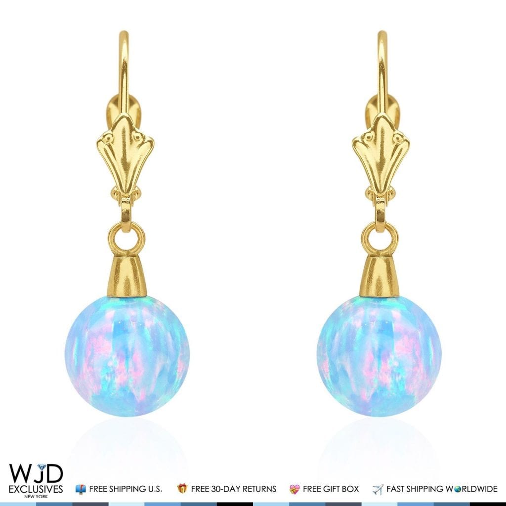 8 mm Ball Shaped Blue Fire Opal Leverback Dangle Earrings 14K Solid Yellow Gold