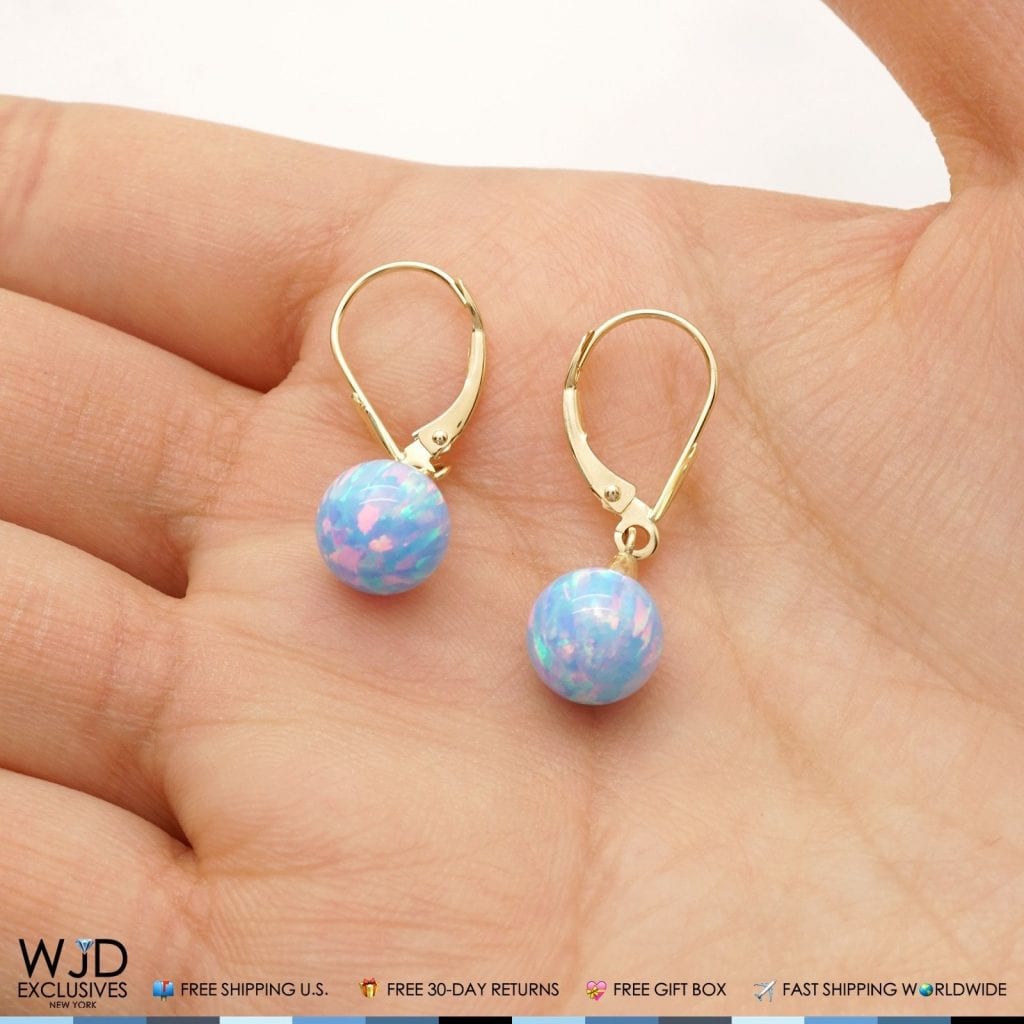 8 mm Ball Shaped Blue Fire Opal Leverback Dangle Earrings 14K Solid Yellow Gold
