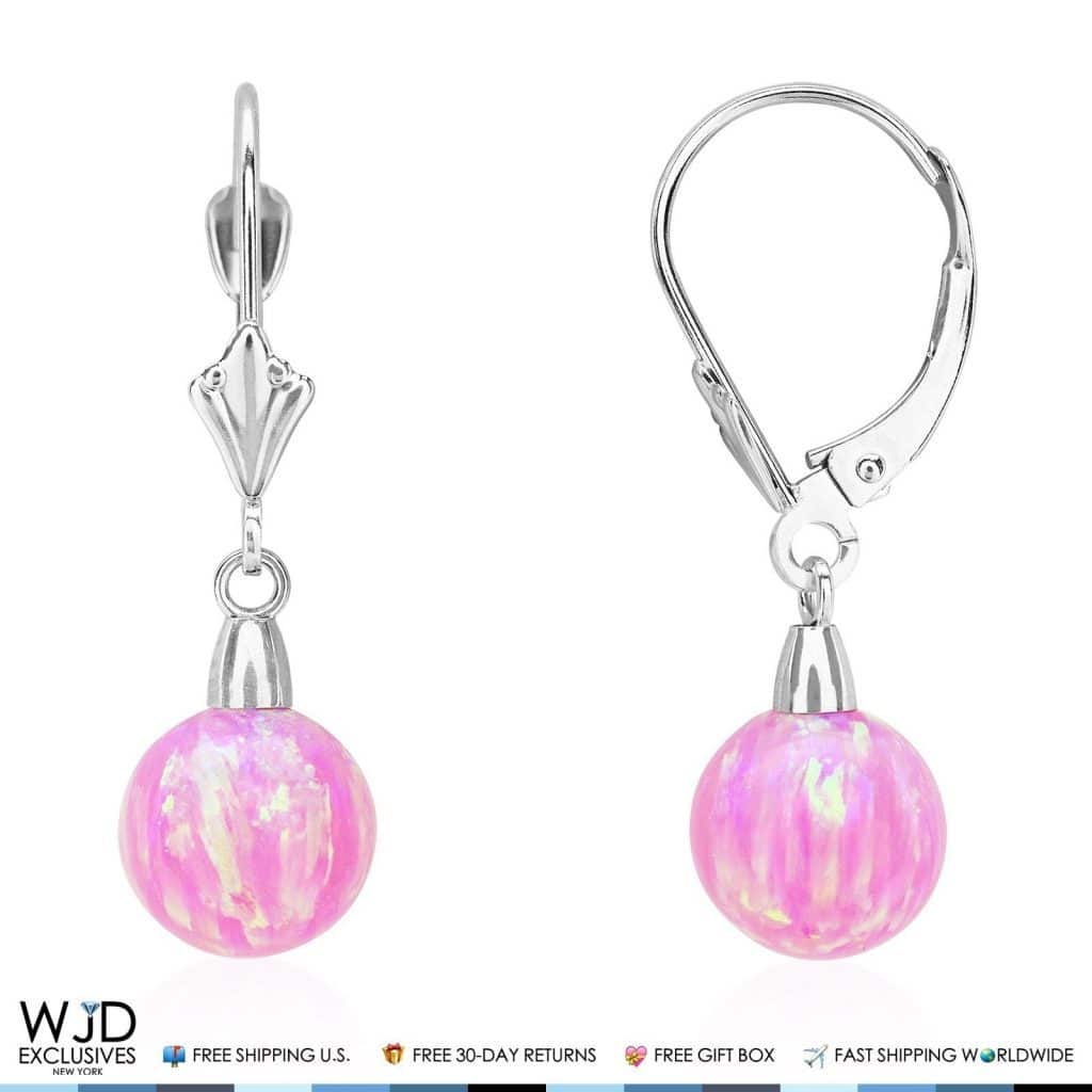 6mm-10mm Ball Shaped Pink Fire Opal Leverback Dangle Earrings 14K White Gold