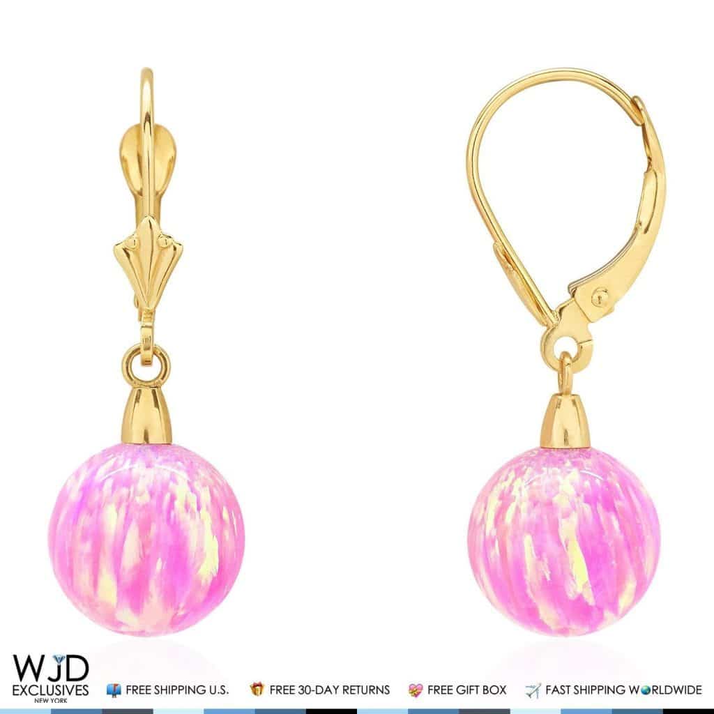 6mm-10mm Ball Shaped Pink Fire Opal Leverback Dangle Earrings 14K Yellow Gold